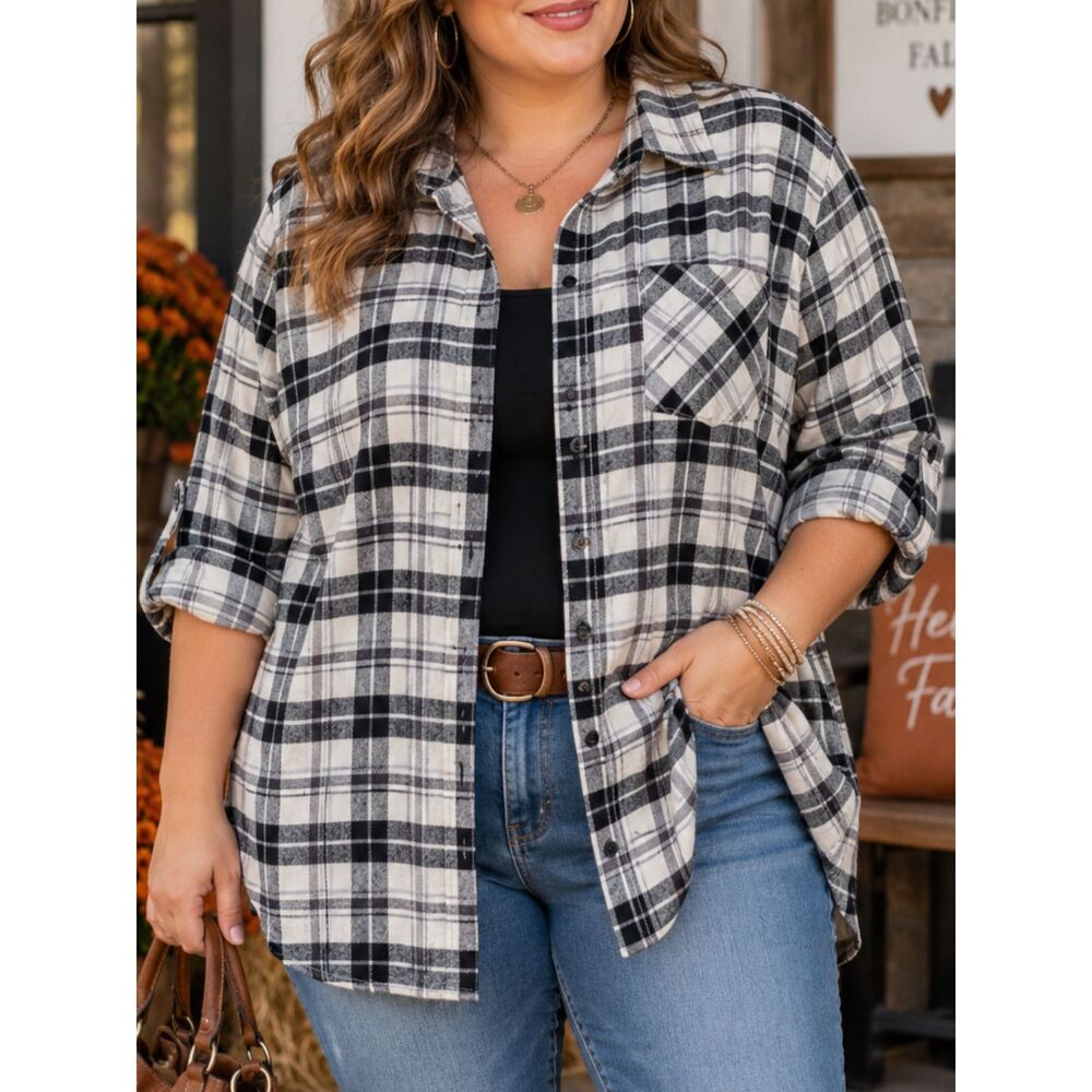 Falls Creek 3X Black White Plaid Flannel Button Down Shirt Roll Tab Sleeve